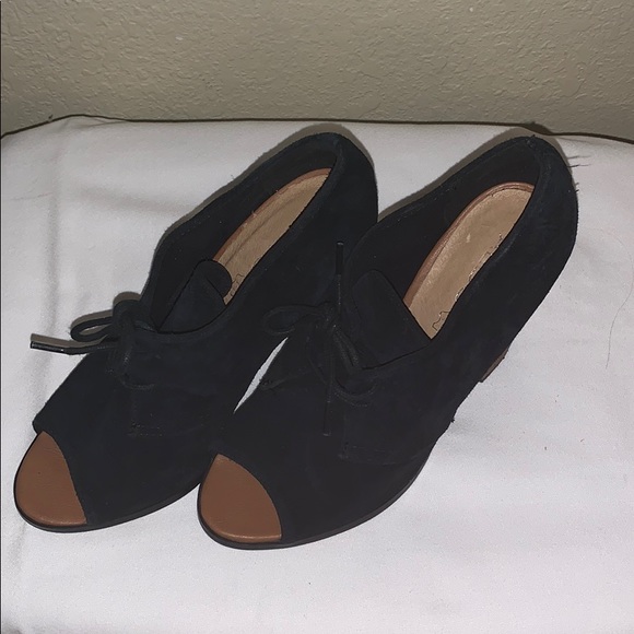 Black suede peep toe, lace up booties - Picture 2 of 5